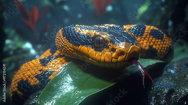 Fototapeta A vibrant snake resting on a leaf in a lush, underwater environment.