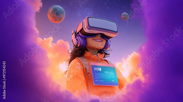 Fototapeta A child wearing a VR headset, exploring a vibrant, cosmic environment.