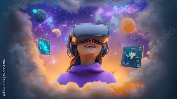 Fototapeta A joyful person in a VR headset, immersed in a cosmic digital landscape.