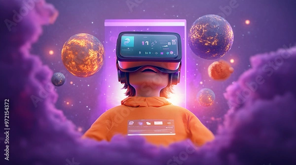 Fototapeta A child wearing a VR headset surrounded by cosmic elements, exploring virtual worlds.