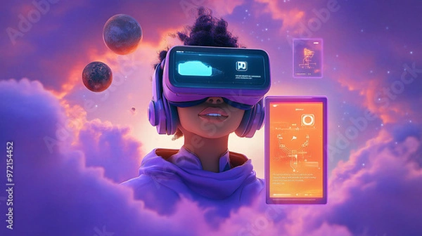 Fototapeta A person wearing a VR headset surrounded by cosmic elements and digital interfaces.