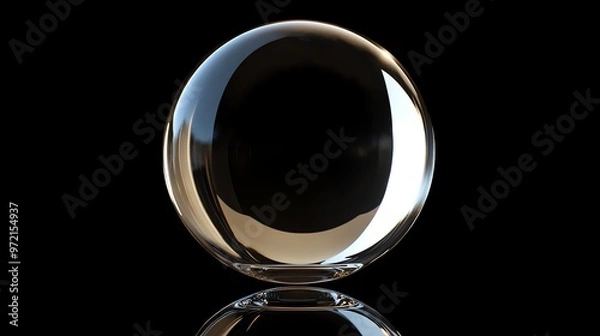 Fototapeta Shiny, reflective, transparent glass sphere with a black background.