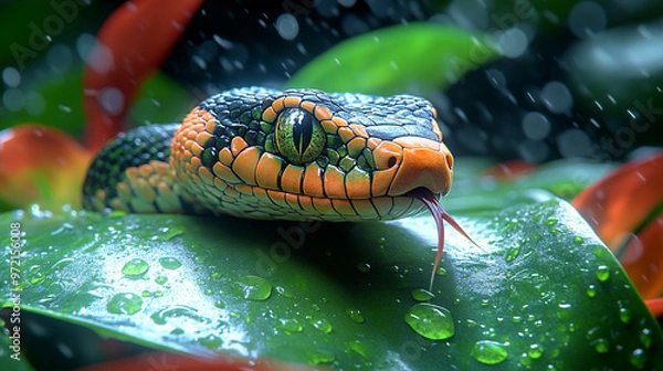 Fototapeta A close-up of a vibrant snake resting on wet leaves, showcasing its striking colors and texture.