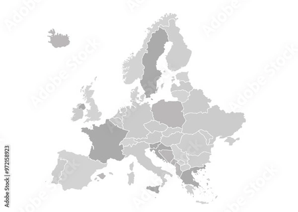 Fototapeta Europe map on white background. All countries in Europe different colors. Can use for printing, website, presentation element, textile. World map vector illustration, high-resolution, travel.