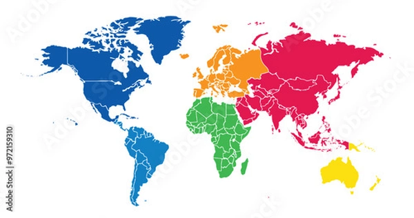 Fototapeta World map on white background. All countries in The World different colors. Can use for printing, website, presentation element, textile. World map vector illustration, high-resolution, travel.