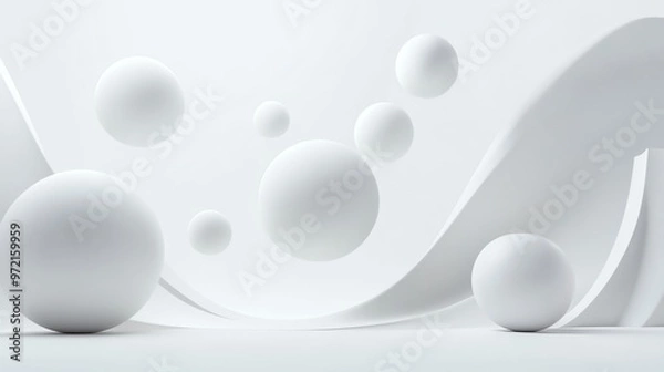 Fototapeta White spheres and wave abstract background.