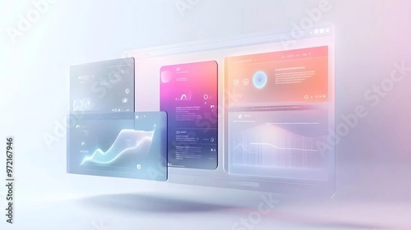 Fototapeta A user interface mockup using glassmorphism, with semi-transparent panels and frosted glass effects, providing a sleek and modern look