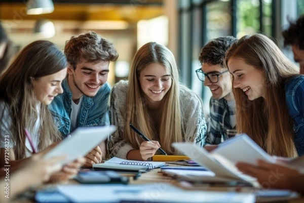 Obraz College students in a study group, collaborating on assignments and discussing course materials, building academic relationships