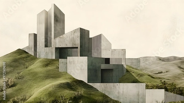 Fototapeta An architectural collage combining Neo Brutalism with natural landscapes, featuring concrete structures against a backdrop of green hills