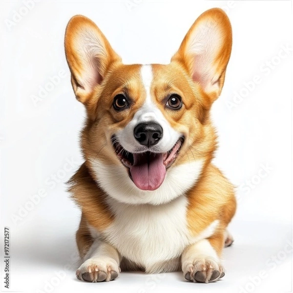 Fototapeta A happy corgi with big ears and a wide smile looking directly at the camera.