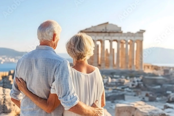 Fototapeta Senior couple looking at the Parthenon temple in Athens, Greece