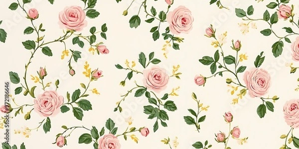 Fototapeta A pattern of small pink roses and green leaves on a white background.