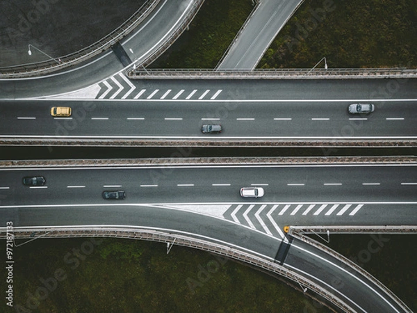 Fototapeta Aerial drone view of highway road intersection with cars in Italy
