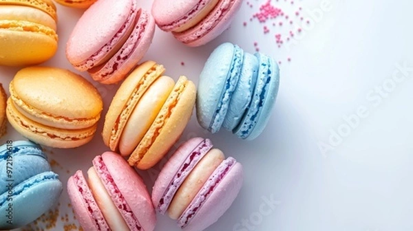 Fototapeta Macaroon dessert on light background. Colorful pastel macarons close up, generated AI