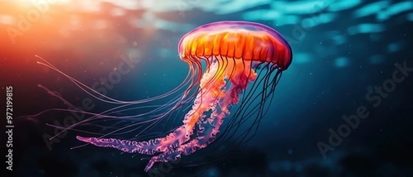 Fototapeta A vibrant jellyfish glides gracefully through the water, showcasing its colorful tentacles against a serene underwater backdrop.