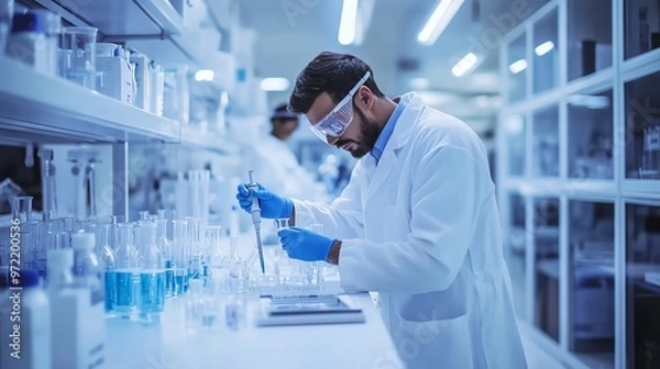 Fototapeta A scientist in a lab coat and safety glasses carefully uses a pipette to transfer liquid in a lab setting.