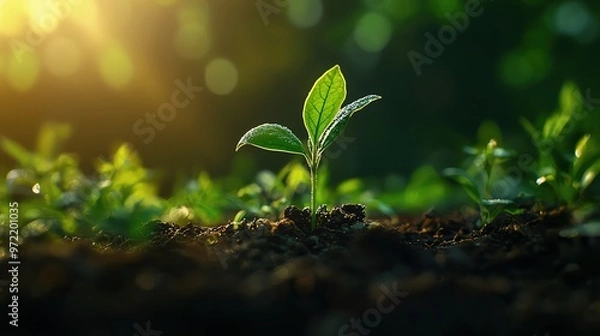 Fototapeta A vibrant seedling emerges from the soil, symbolizing growth and renewal in a sunlit environment.