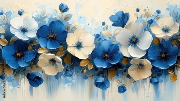 Fototapeta Serene Floral Drift, a calming art piece featuring flowing abstract flowers in soft blue, light oak, and creamy white, creating a tranquil and harmonious backdrop.