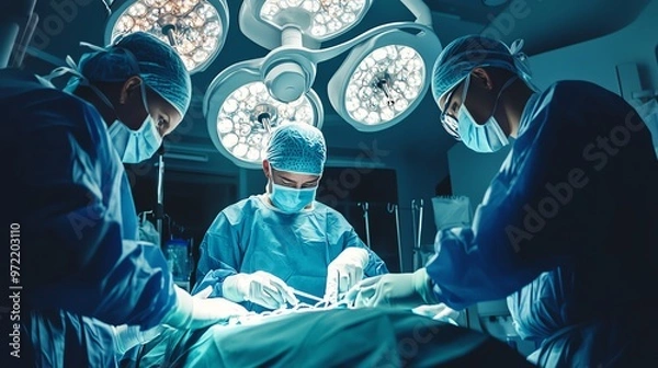 Fototapeta A team of surgeons performs a surgery in an operating room, illuminated by bright lights.