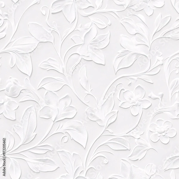 Fototapeta Elegant white embossed floral pattern with intricate leaves and delicate flowers