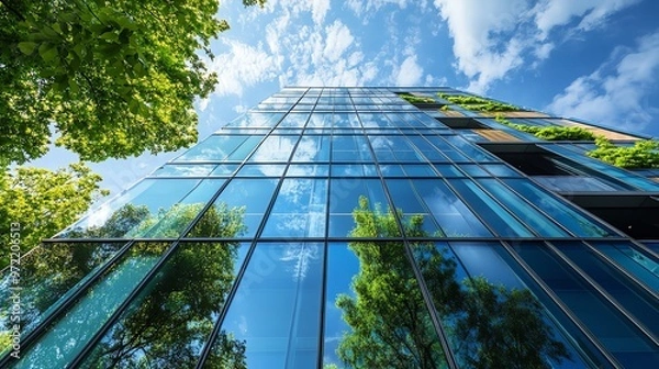 Fototapeta A low-angle view of a modern office building with green plants on the side.