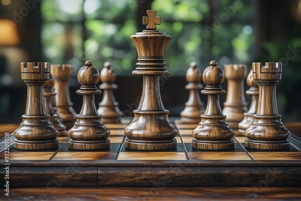 Fototapeta A wooden chessboard with pieces arranged in a strategic formation, with the king in the center. The background is a blurred image of nature.