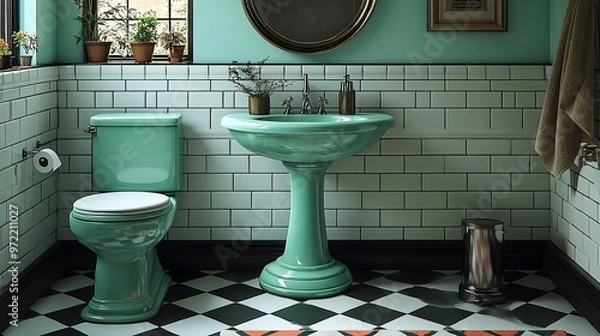 Fototapeta A vintage bathroom with a mint green toilet and pedestal sink, white subway tiles, and a black and white diamond patterned floor.