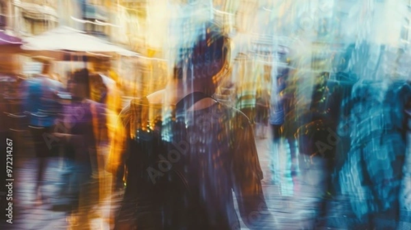 Fototapeta The backdrop of the street art fair is a dreamlike blur with artists showcasing their unique styles