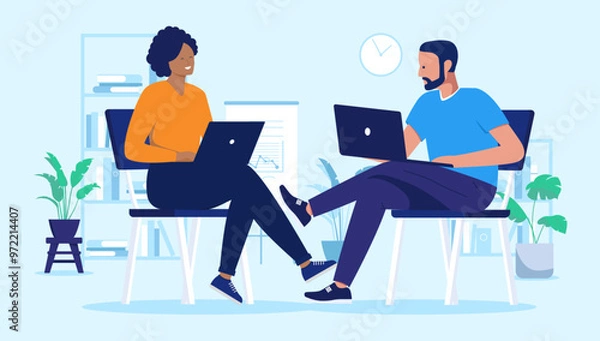 Fototapeta Two people sitting with laptops - People in office sitting in char working on computers together in office. Flat design vector illustration