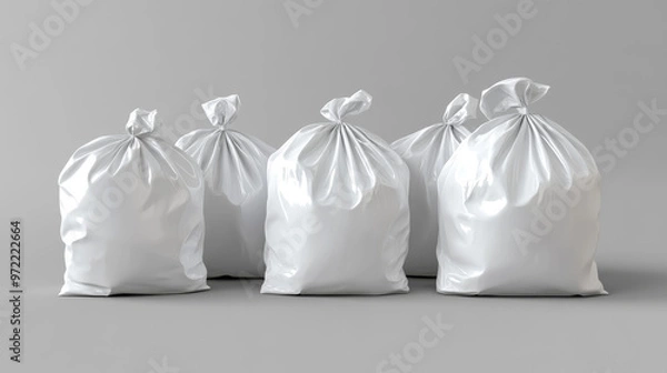 Fototapeta A group of white trash bags are shown against a plain gray background. This is a computer-generated image.