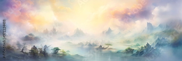 Obraz watercolor interpretation of a surreal dreamscape, a whimsical and mysterious atmosphere.