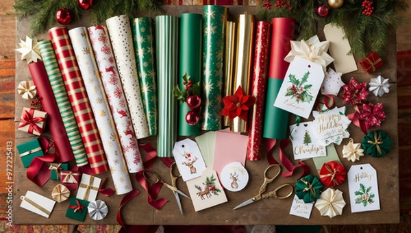Fototapeta A top-down view of a beautifully arranged holiday gift wrap station, with wrapping paper, ribbons, scissors, and gift tags scattered around