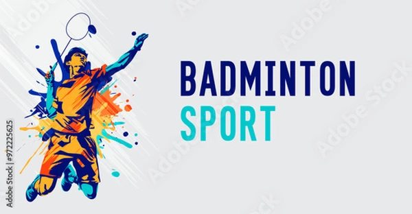 Obraz vector illustration of a badminton athlete with a jumping smash action. colored silhouette style design, grunge. badminton national sports day celebration design concept. national sports day. Not AI