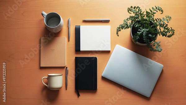 Fototapeta A flat lay of office essentials including a laptop, notebook, pen, coffee mug, and a plant, neatly arranged on a wooden desk for a productive workspace vibe