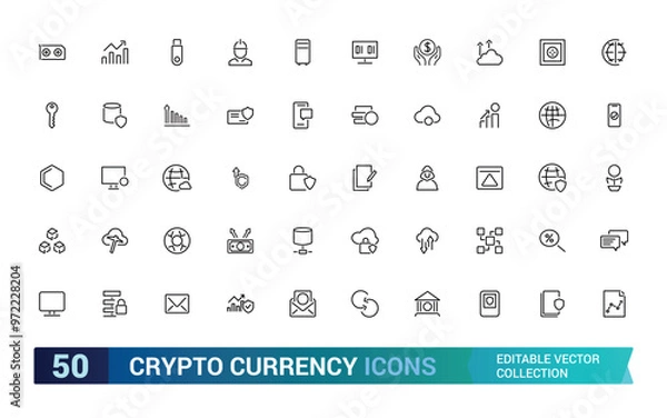 Obraz Crypto currency blockchain icons collections, isolated on outline icons set, Bitcoin, Dash, Dogecoin, Ethereum, Monero, Ripple and more, Linear icon collection. Editable stroke.