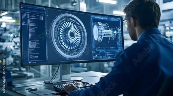 Obraz Engineer working on 3D turbine model on computer screen