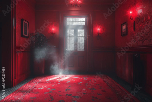Fototapeta A mysterious red room illuminated by candles and smoke with a door opening to the light