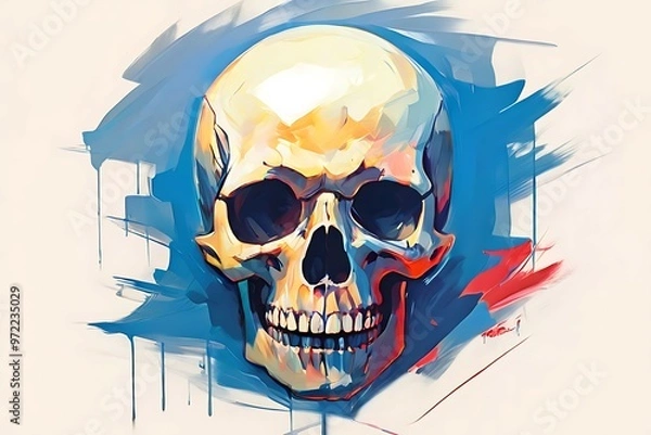 Fototapeta A Human Skull Painted in Abstract Style with Blue and Red Strokes