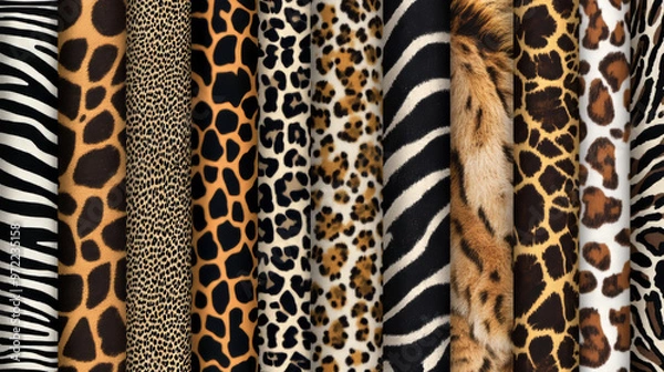 Obraz This is a collection of animal prints for fabrics. It includes patterns like leopard, giraffe, tiger, and zebra. The designs are seamless and can be used to create clothing or other items.