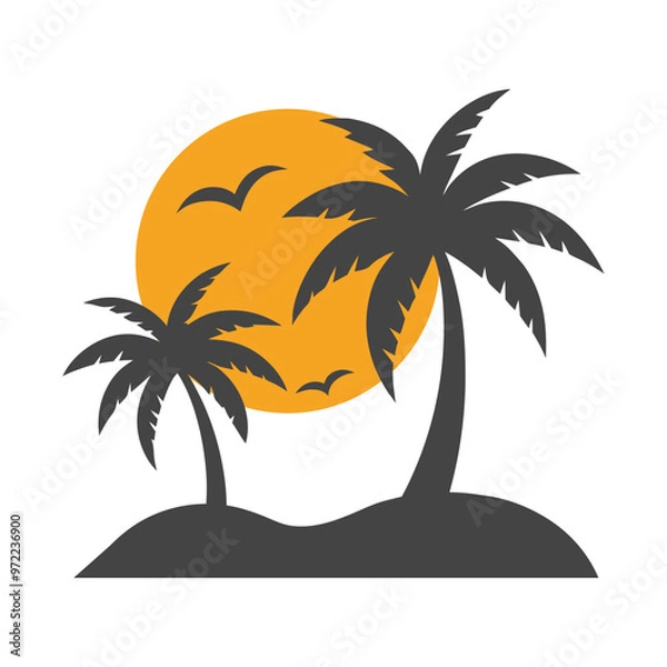 Fototapeta Tropical coconut tree and beach resort logo design, ideal for summer and vacation-themed branding.