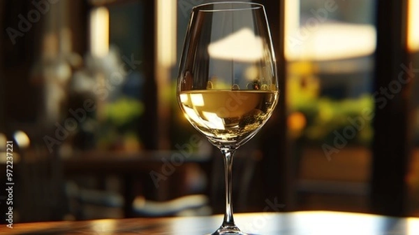 Fototapeta A glass of white wine sits elegantly on a table, capturing warm light in a cozy setting.