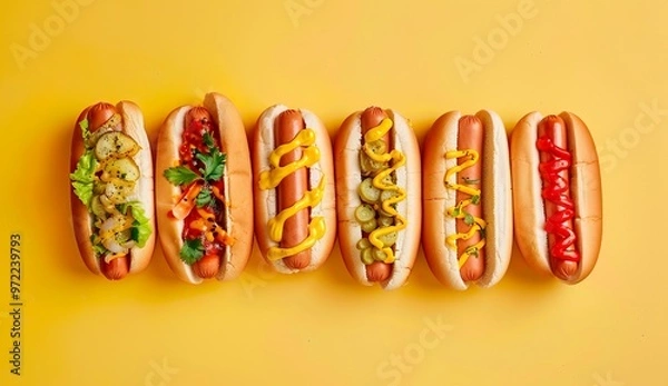 Fototapeta A row of hot dogs with mustard and relish on them. Bright yellow background
