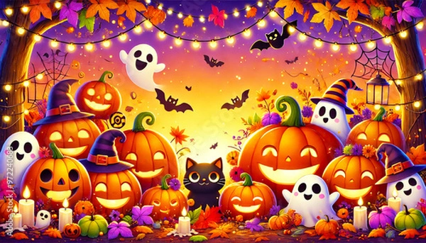 Fototapeta 笑顔のカボチャたちが集うハロウィンの夜