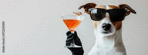 Fototapeta Side view of a stylish dog wearing sunglasses and gloves, holding a martini glass, with copy space on the left.
