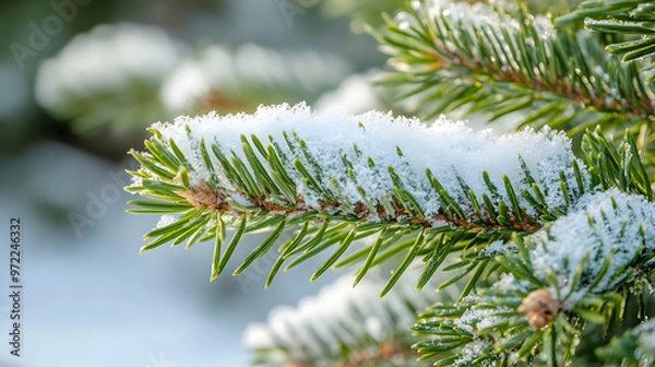 Fototapeta Evergreen Tree Branch Covered in Fresh Snow