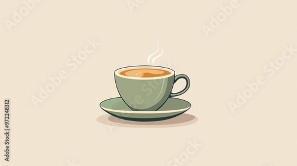 Fototapeta A green coffee cup with steam rising from it, sitting on a saucer.