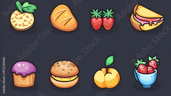 Fototapeta Cartoon Illustration of Various Food Items Including a Pineapple, Bread, Strawberries, a Sandwich, a Cupcake, a Hamburger, a Peach and Strawberries in a Cup.