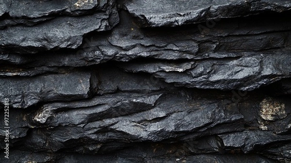 Fototapeta Crisp close-up image showcasing the intricate layers and fine details of a horizontal black stone texture surface.
