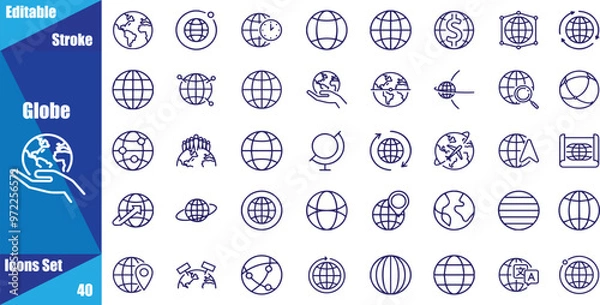 Fototapeta Globe and planet related editable stroke outline icons set isolated on white background flat vector illustration.