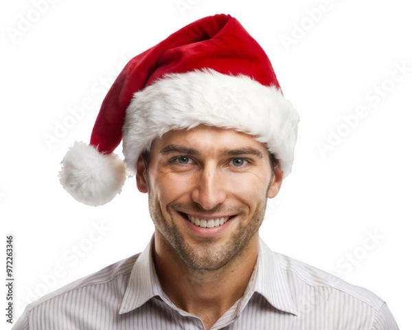 Obraz Smiling man wearing a santa hat solated on the white background